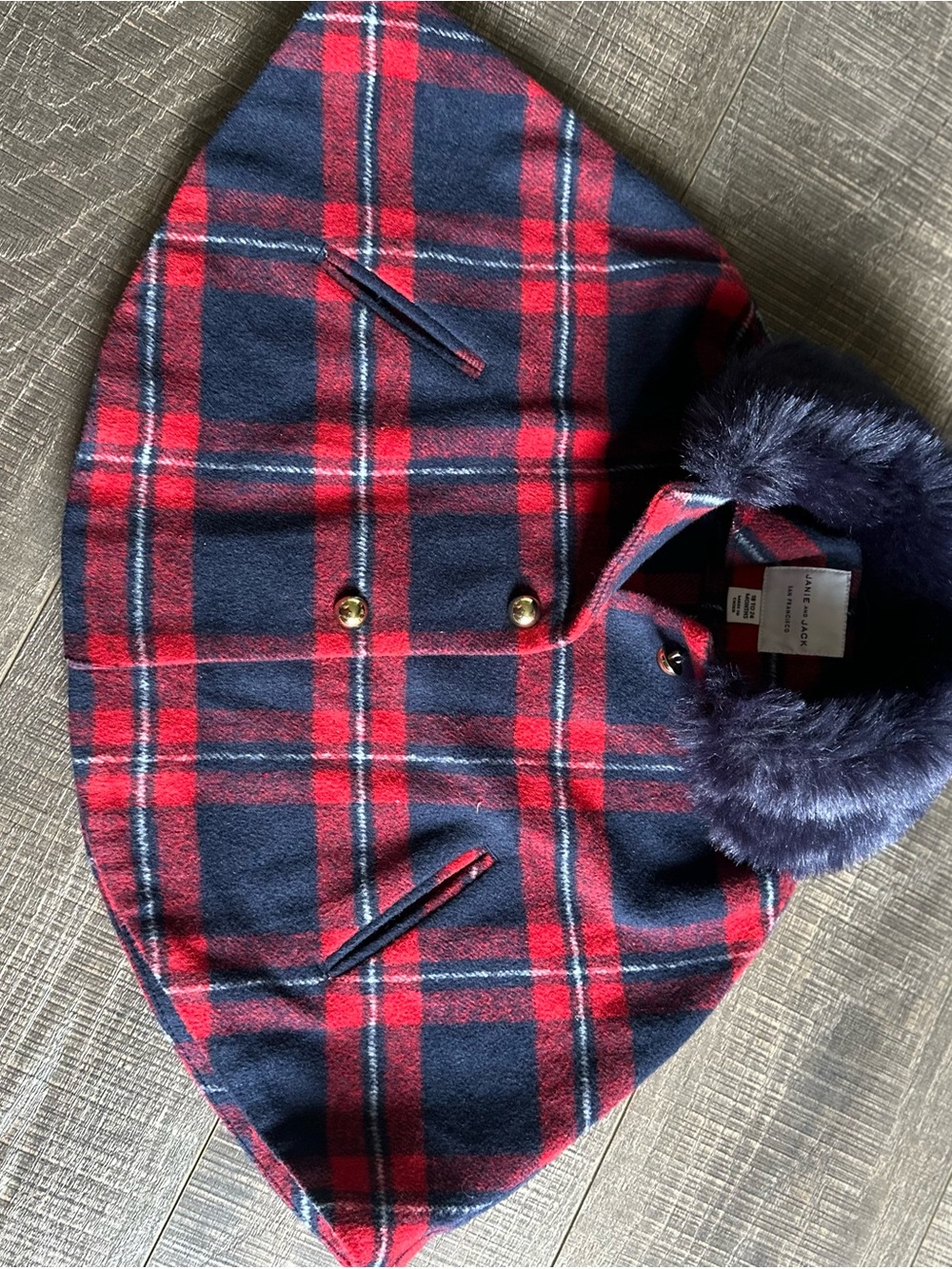 Janie and Jack Red & Navy Plaid Cape with Faux Fur Collar